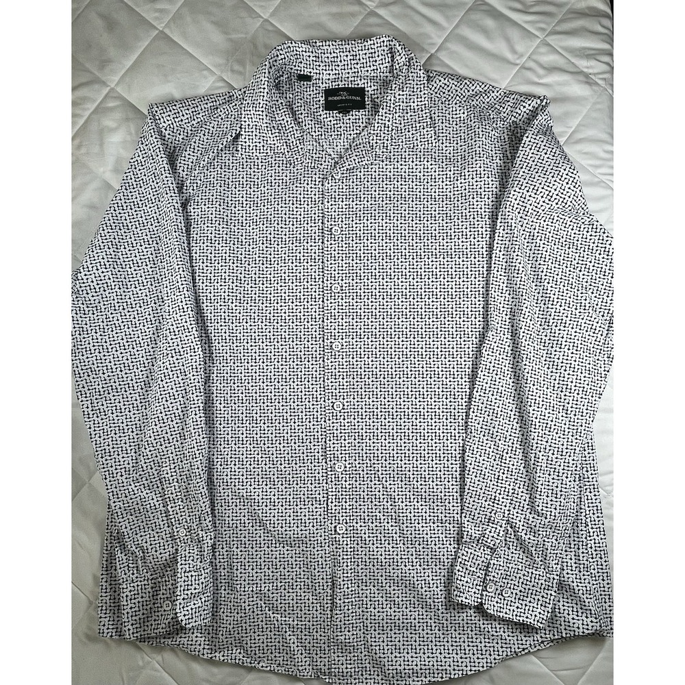 Rodd & Gunn Mens 2XL Sports Fit Cotton Button Down Shirt White Blue Print